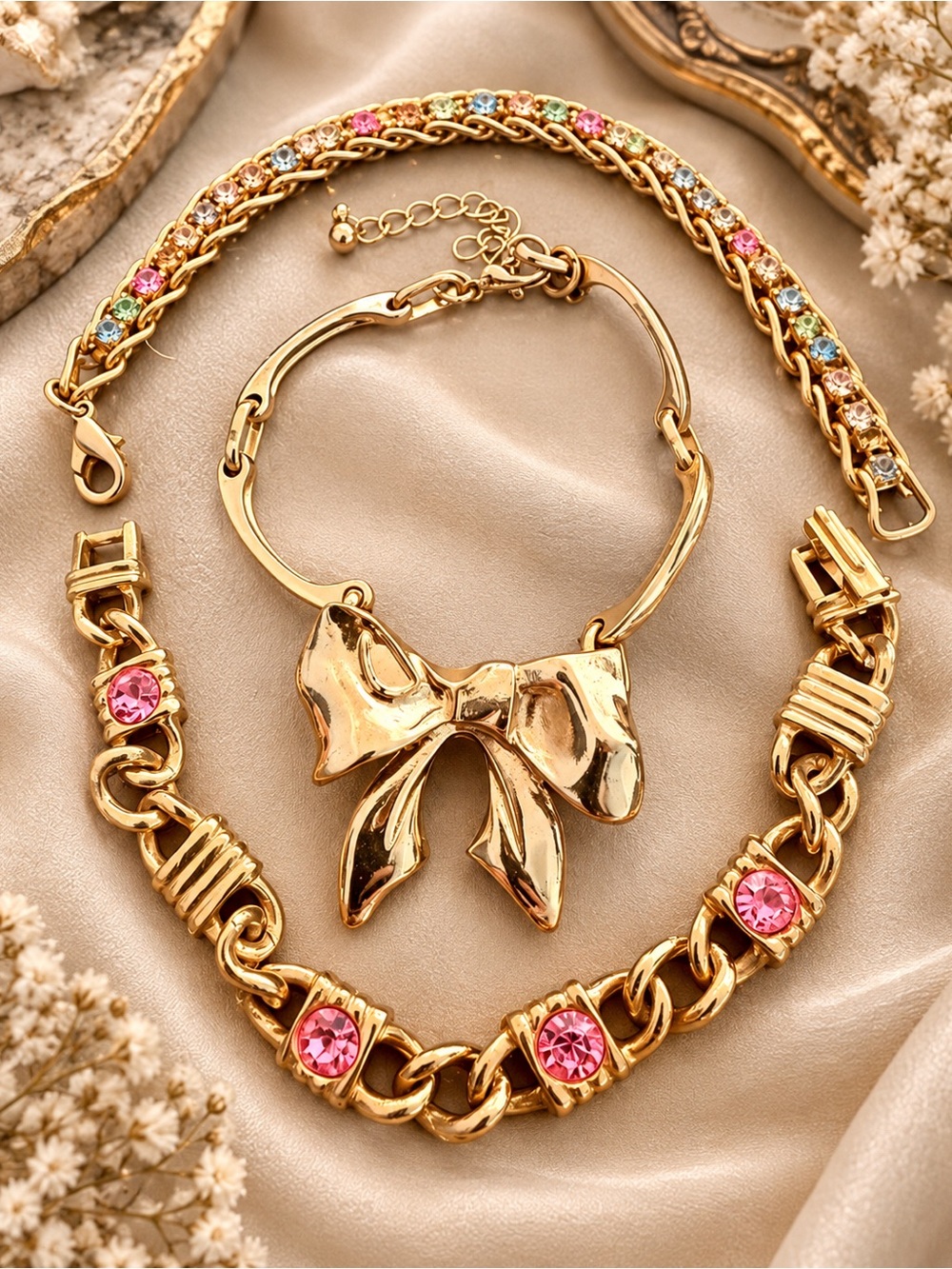 Gold Bow Bracelet Set with Pink Accent Stones - Women Jewelry